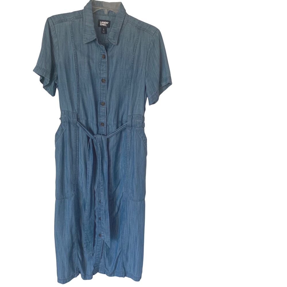 Lands' End Womens S Tencel Lyocell Chambray Shirt Dress Button Front Belted Midi